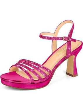 Women's Pink Platform Heels High Block Chunky Sparkly Rhinestone Open Toe